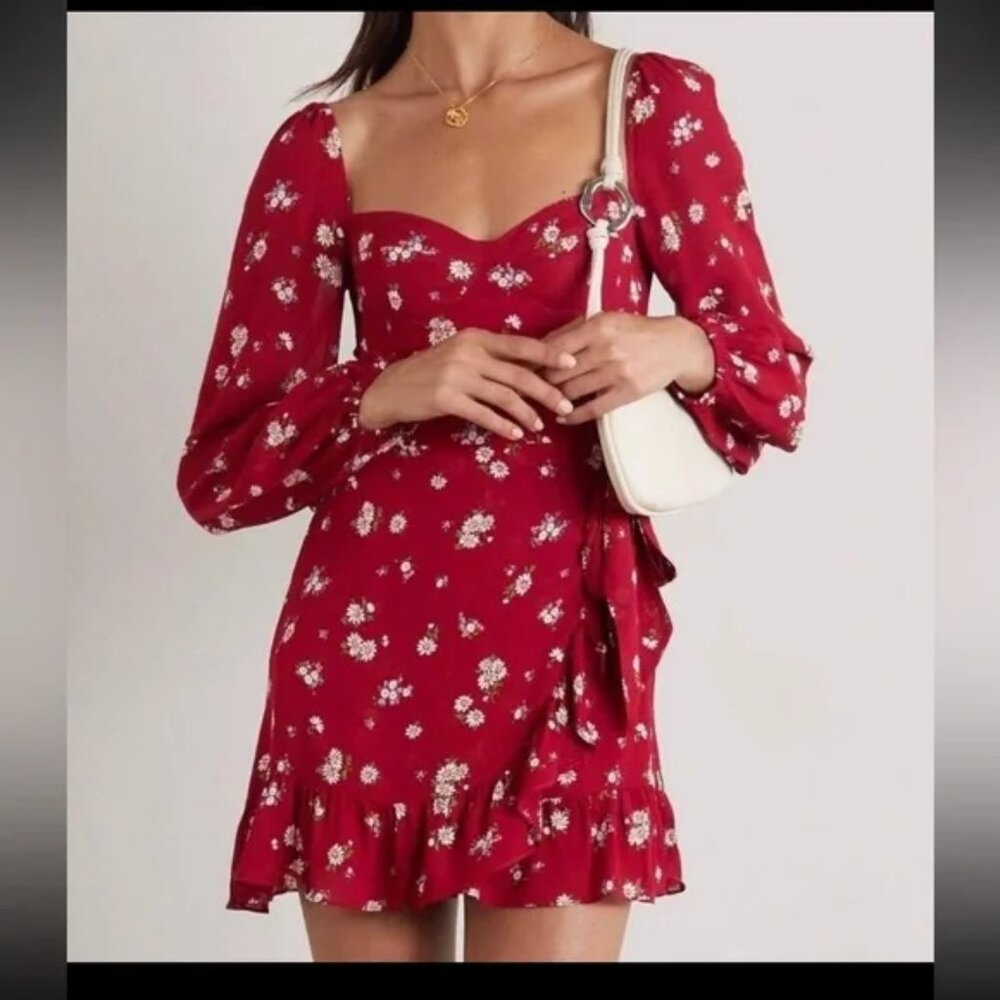 Reformation cami long sleeve cassia red floral mini dress size 2